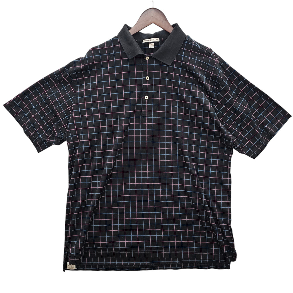 Peter Millar Polo Shirt Mens XL Black Checkerboard Short Sleeve Golf